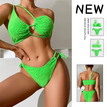 2023 Naujas Moterų Aukšto Juosmens 2 Gabalas Lady maudymosi kostiumėlis Vasaros Paplūdimys Atostogų Maudymosi kostiumai Seksualus Žaliai Vienos Pečių Mados Bikini Komplektas