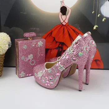 2023 Naują atvykimo Rožinė Kristalų Moterų vestuvių batai su atitikimo krepšiai 14cm Plonas Kulnas Aukštas, Siurbliai, Vestuvių mados batai ir Rankinės