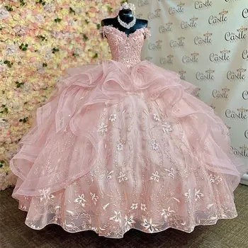3D Floros Brangioji Quinceanera Suknelės Off Peties Appliques Gėlės Saldus 15 Gimtadienis Princesė Šalis, Chalatai Vestidos De 05 15