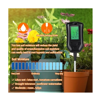4-1 Dirvožemio PH Matuoklis Drėgmės Stebėti Temperatūros Saulės Testeris, Skaitmeninis Apšvietimas Sodo Augalų Auginimas