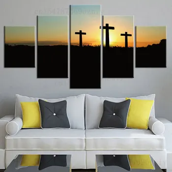 5 Skydelis Saulėlydžio Jėzaus Kryžiaus Krikščionių Plakato Nuotrauka Aukštos Kokybės Sienų Nuotraukas Drobė Namų Dekoro Kambarį HD Spausdinimo 5 vnt