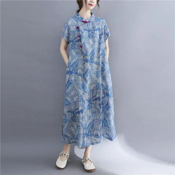 #6820 Derliaus Nereguliarus Suknelė Moterims Stovėti Apykaklės Medvilnės Skalbiniai Kinų Stiliaus Cheongsam-line Suknelė Kulkšnies ilgio Plona Mėlyna Spausdinti