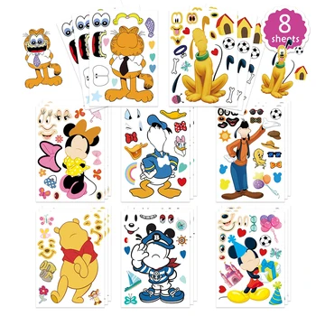 8Sheets Disney Animacinių filmų Įspūdį Lipdukai Make-a-Veido Mickey, Donald Duck Mielas Vaikams 
