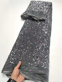 Aksomo, Nėrinių pilka 3D Blizgučiais Audinio Su Akmenimis 2023 Aukštos Kokybės 5 Metrų Nigerijos Tiulio Tinklelio Audinio Šalis Suknelė Siuvimo