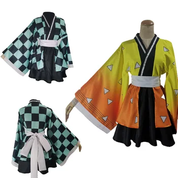 Anime Demon Slayer Agatsuma Zenitsu Kamado Tanjiro Cosplay Kostiumų Kimono Lolita Dress Diržų Komplektus Helovyno Karnavalas Kostiumas