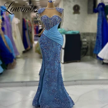 Arabų Blue Undinė Prom Dresses 2023 Blizga Audinio Kristalų Kutai Vakare Chalatai Saudo Arabija Šalis Suknelė Chalatas De Soiree Užsakymą
