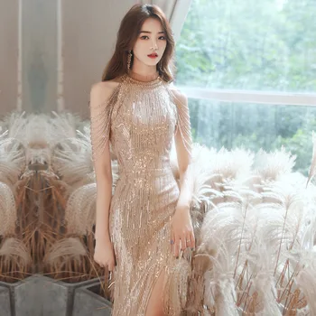 Aukso Vakarinę Suknelę 2023 Naujas Temperamentas Priimančiosios Blizgučiais Trimitas Prom Chalatai Elegantiškas Duobute Padalinta Oficialią Šalies Ilgos Suknelės