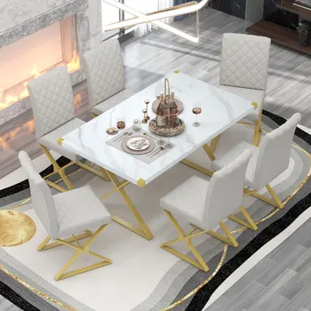 Balta 7-Gabalas Moderni Valgomojo Stalo Rinkinys, Stačiakampio formos Marmuro Virtuvės Stalo ir 6 PU odos Kėdės, patalpų restoranas baldai