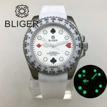 BLIGER 40mm Japonija NH35 Automatinė Mens Watch Safyro Stiklas Šviesos Sterili Balta Pokerio Rinkimo Bezel Lenkta Gale Gumos Dirželis Data