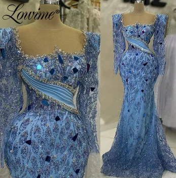 Blizgučiai Mėlyną Vakarinę Suknelę Ilgomis Rankovėmis Oficialų Šalis Suknelės Arabų Dubajus Undinė Kristalai Plius Dydis Užsakymą Prom Chalatai 2023