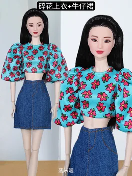 Drabužių set / žalia gėlė marškiniai + džinsai sijonas / 30cm lėlės drabužiai tiktų vasarą dėvėti aprangą 1/6 Xinyi FR ST Barbie Lėlės