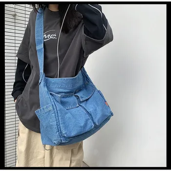 Džinsinio audinio Crossbody Krepšiai Moterų Japonų Stiliaus Unisex Atsitiktinis Kišenėje Knygų Mokyklos Maišą Studentų Pečių Krepšiai, Didelis Jeans Bag