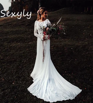 Elegantiškas Nėriniai Bohemijos Vestuvių Suknelė 2023 Elegantiškas Šifono Ilgomis Rankovėmis Boho Balta Kaimiškas Šalies Nuotakos Suknelė Civilinės Nuotakos