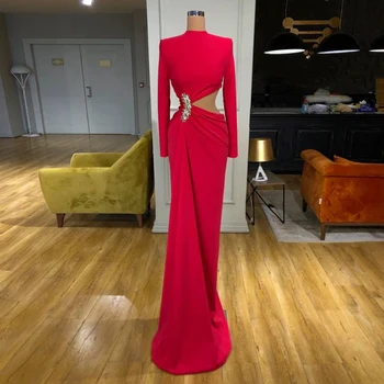 Elegantiškas Oficialų Promenadzie Suknelė Raudona Aukšto Kaklo, Ilgomis Rankovėmis Plisuotos Kristalų Vientisos Spalvos Grindų Ilgis Vakare Šalies Vestidos Moterų 2023
