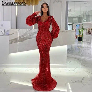 Elegantiškas Raudonas Vakarines Sukneles Prabangus 2023 Įžymybė Dubajus Sluoksniuotos Rankovėmis, Ilgas Moterų Vestuves Chalatai
