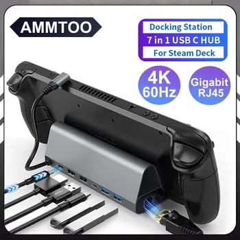 Garų Kabinoje Dokas 7 in 1 Steam Denio Stovi Priedai USB 3.0 HDMI 4K@60Hz 1000Mbps Gigabit Ethernet USB-C PD 100W Garo Denio Hub
