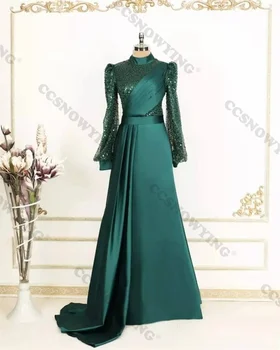 Green Satino China Musulmonų Vakaro Suknelės Ilgomis Rankovėmis Islamo Oficialią Šalies Suknelė Hijab Moterų Arabų Kaftan Chalatas De Soiree