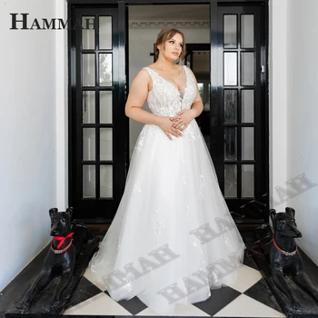 HAMMAH Elegantiška Linija, Vestuvių Suknelės Moterims V Kaklo Appliques Rankovių Tiulio Jungiamąją Iki Valyti Traukinio Vestido De Casamento