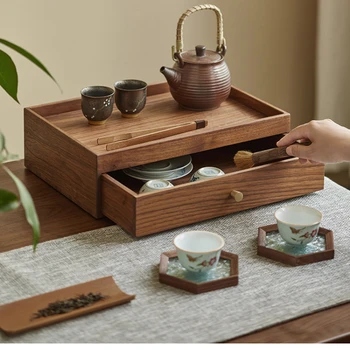 Japonų Stiliaus Medinė Dėžutė Juoda Riešutmedžio Medžio masyvo talpinimo Tara Kosmetikos, Papuošalų Laikymo Dėžutė su Stalčiumi