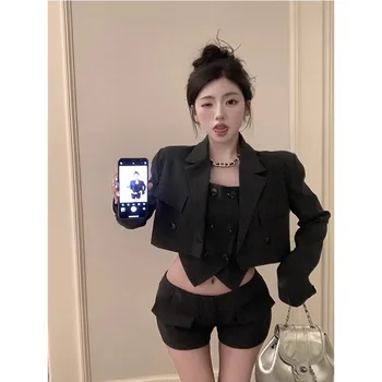 Korėjos Atsitiktinis tinka Moterų Rudenį Slim Fit Dryžuotas ilgomis rankovėmis Striukė Aukšto Juosmens Šortai, Trijų dalių Komplektas Mados Moterų Drabužiai