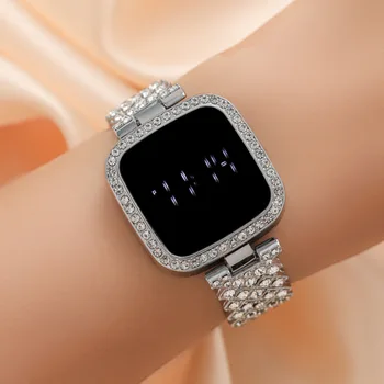 LED Šviesos Skaitmeninis Žiūrėti Moterims, Elegantiškas Diamond Smart Kvadratinių Žiūrėti Lydinio Watchband Moterų Laikrodis Elektroniniai Laikrodžiai