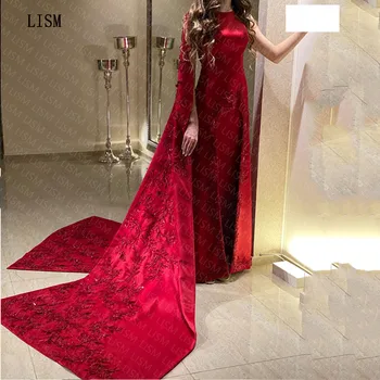 LISM-line Raudona Aukšto Kaklo Appliques Satino Elegantiškas Vakaras Šalis Suknelės Žaliojo Rankovėmis Backless Saudo arabų فساتين السهرة 2023