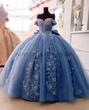 Meksikos Dangus Mėlynas Quinceanera Suknelės su 3D Gėlių Aplikacijos Vestidos XV Años Saldus 16 Suknelė Lankas chalatas de soirée فساتين السهرة