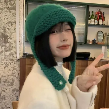Mielas Žalia Pliušinis Megzti Beanies Moterų ir Vyrų korėjos Versija Rodo Mažų Veido Sutirštės Šiltas Ausų Apsaugos Bombonešis Skrybėlės