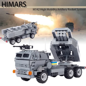 Mliatry MUMS M142 Didelio Judrumo Artilerijos Raketų Blokai HIMARS Armijos Ratinių Pradėti Transporto priemonės Mini Tankas Automobilio Modelį Plytų Žaislai