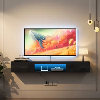 Moderni baltos TV laikiklis, 16 spalvų LED šviesos TV stovas su nuotolinio valdymo pultu,gyvenimo kambario sienos montuojamas TV spintelė, ir laikymo spintos