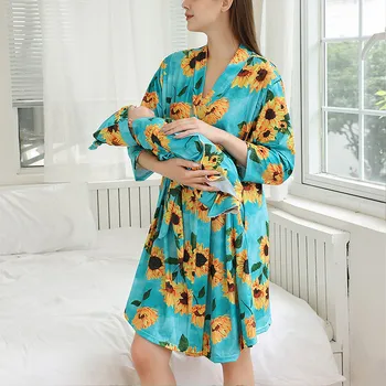 Motinystės Sleepwear Rinkinys Su Saulėgrąžų Spausdinti Suknelė Kūdikių Suvystyti Ir Lankelis Pižamą Skraiste Rinkinys Moterims