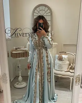 Mėlyna Maroko Kaftan Musulmonų Vakaro Suknelės-line V-kaklo, ilgomis Rankovėmis Appliques Zawalcowany Dubajus arabų Turkija Caftan Islamo Suknelė