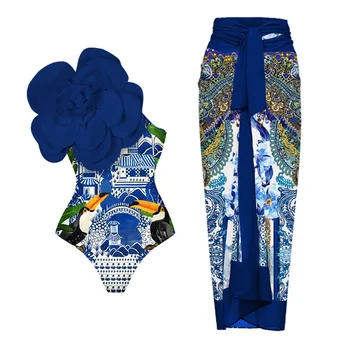 Mėlyna Vieną Petį Susiėmę Spausdinti Gėlių maudymosi kostiumėlį Nustatyti Padengti Iki vientisos Micro Monokini Seksualus maudymosi Kostiumėliai Mergaitėms Vasaros Paplūdimio
