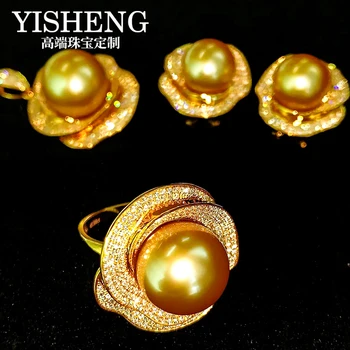Nanyang Filipinai Gamtos Storio Aukso Jūros Perlų Žiedas, Pakabukas Auskarai Nustatyti 18K Gold Diamond Camellia
