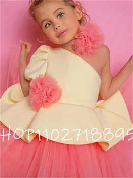 Princesė Dress Reljefiniai Tiulis Mergina Gimimo Diena Dress Vieną Petį Trumpas Gėlių Mergaitės Suknelė Vaikas Suknelė Pirmoji Komunija Baby Girl Suknelė