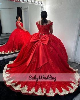 Raudona Princesė Kamuolys Suknelė Quinceanera Suknelės su Laivapriekio Golde Nėrinių 3D Gėlės Appliques Cirkonio Saldus 16 Vestidos De 15 Años