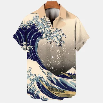 Retro Vandenyno Bangų 3d Spausdinimo Vyrų Havajų Marškinėliai Atsitiktinis Mados Vasaros vyriški Marškiniai Plius Dydis-trumpomis Rankovėmis, Atvartas Prarasti Viršūnės