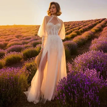 Romantiška A-Line Wedding Dresses Graži Nuotaka Suknelės Sexy Nėrinių Ilgas Rankovėmis Aukštos Padalinta Purus Princesė Stilius Grindų Ilgis