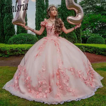 Rožinė Quinceanera Suknelės 3D Gėlės, Gėlių Appliques Nėrinių Kamuolys Suknelė nuo Peties Korsetas, Vestidos De XV Anos