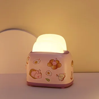 Rožinės spalvos Skrudintuvas Naktį Šviesa Mielas Lipdukas USB Įkrovimo Stalo Naktiniai Pritemdomi Lempos Mergaičių Miegamasis Papuošalai