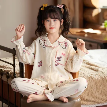 Sanrio Kawaii Hello Kitty Kuromi Mano Melodija Cinnamoroll Vaikai Sleepwears Ilgomis Rankovėmis Medvilnės Mielas Animacinių Filmų Pajama Komplektai Homewear Dovana