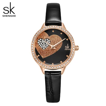 SHENGKE Juodos Odos Kvarco Moterų Laikrodžiai Meilė Širdies Dial Atsitiktinis Moterų Žiūrėti Prabanga Kvarciniai Laikrodžiai