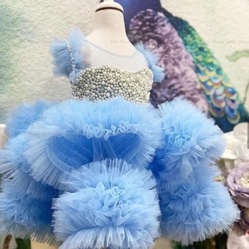 Sky Blue Baby Girl Suknelės, Uždusęs Ruffles Pakopų Trumpomis Rankovėmis, Kamuolys Suknelė Tutu Mergaičių Suknelės Kūdikio Gimtadienio Chalatai Fotografija
