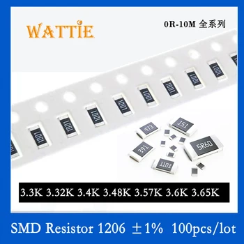 SMD Rezistorius 1206 1% 3.3 K 3.32 K 3.4 K 3.48 K 3.57 K 3.6 K 3.65 K 100VNT/daug chip resistors 1/4W 3.2 mm x 1.6 mm