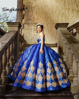 Sparkly Royal Blue Quinceanera Suknelę 2022 China Appliques Kristalų, Cirkonio Korsetas Reljefiniai Kamuolys Suknelė Promenadzie Suknelė Vestidos De 15