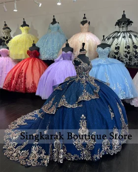 Sparkly, Tamsiai Mėlynos Quinceanera Suknelės Blizgučiai Blizgančiais Aplikacijos Princesė Kamuolys Suknelė Saldus 16 Suknelė Nėriniai-Up Vestidos De 15 Años