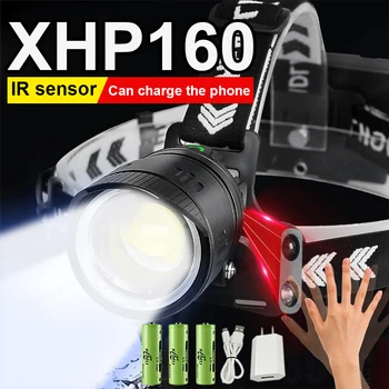 Stiprus Energijos XHP160 LED Žibintai Įkrovimo Galingas led Žibintuvėlis Kempingas Priekiniams USB Įkrovimo Žvejybos Žibintuvėlis šviesos Jutiklis