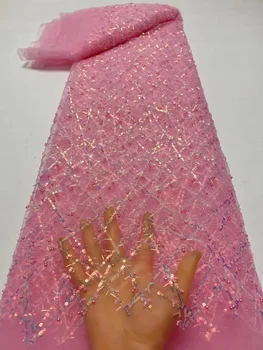 Sunkiųjų Rožinės Spalvos Blizgučiai Nėrinių Audinys Su Granulių Už Nuotakos Suknelė Prabanga Vakarinę Suknelę Prancūzų Nėriniai 5 Metrų