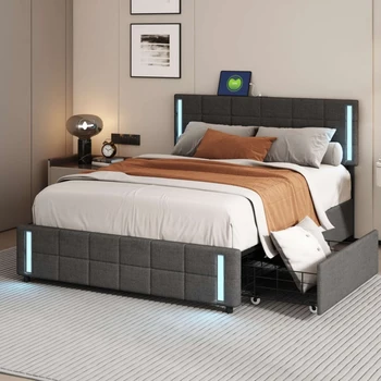 Tamsiai Pilkos spalvos, karališko Dydžio Minkštų Platforma Lova su LED Žibintai ir USB Krovimo, Sandėliavimo Lova su 4 Stalčiais,už miegamojo baldai