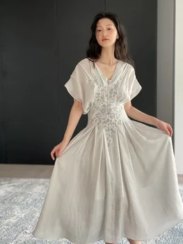 Tian Si Ramės (Kiniškosios Dilgėlės) Siuvinėjimo Prancūzijos Trumpomis Rankovėmis Suknelė Vasaros Slim V-Kaklo Šviesos Brandaus Stiliaus Saldus Druska Sijonas